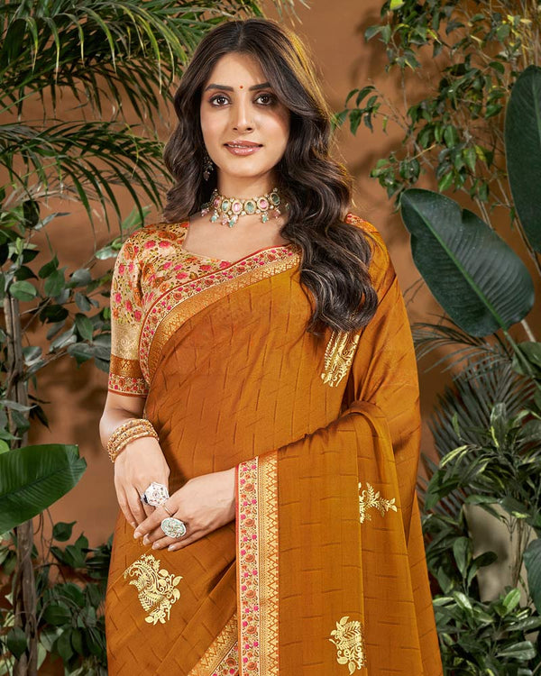 Vishal Prints Ochre Designer Patterned Chiffon Saree With Foil Print And Fancy Border