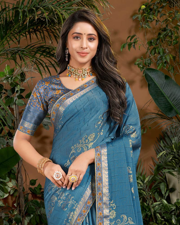 Vishal Prints Blue Bayoux Designer Patterned Chiffon Saree With Foil Print And Fancy Border