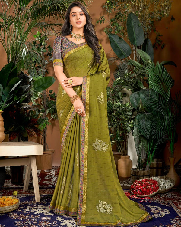 Vishal Prints Olive Green Designer Patterned Chiffon Saree With Foil Print And Fancy Border