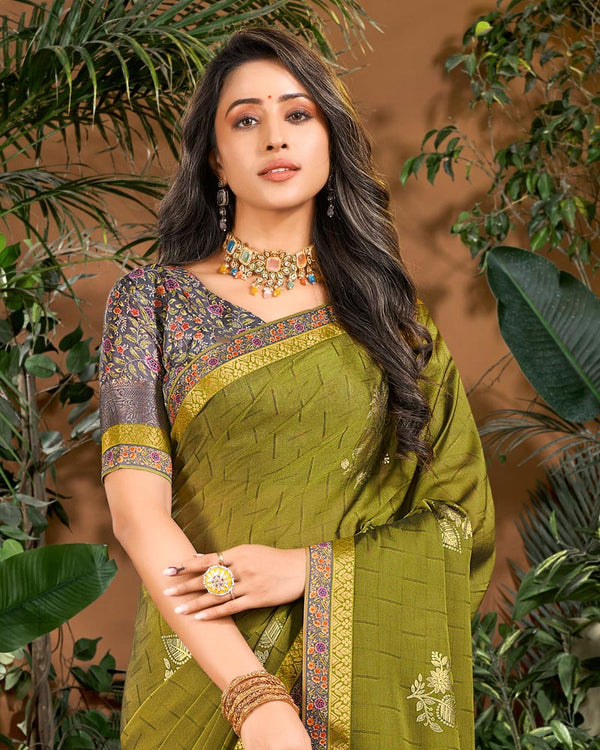 Vishal Prints Olive Green Designer Patterned Chiffon Saree With Foil Print And Fancy Border