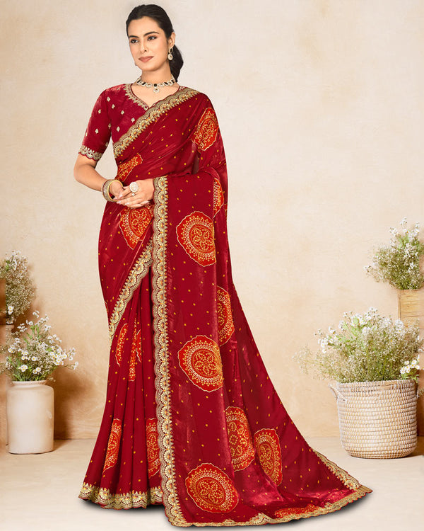 Vishal Prints Dark Red Printed Chiffon-Satin Bandhani Print Saree With Foil Print And Embroidery Cut Work Border