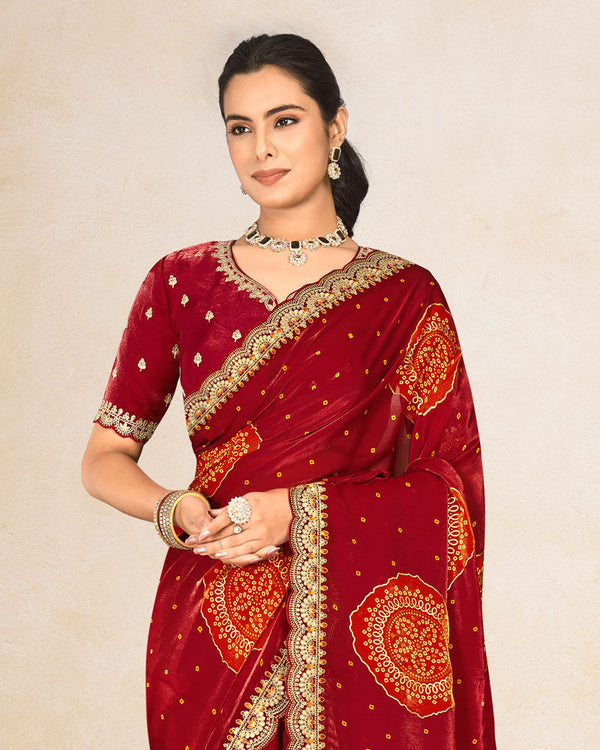 Vishal Prints Dark Red Printed Chiffon-Satin Bandhani Print Saree With Foil Print And Embroidery Cut Work Border