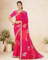 Vishal Prints Hot Pink Printed Chiffon-Satin Bandhani Print Saree With Foil Print And Embroidery Cut Work Border