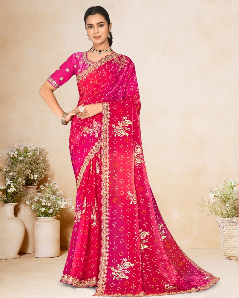 Vishal Prints Hot Pink Printed Chiffon-Satin Bandhani Print Saree With Foil Print And Embroidery Cut Work Border