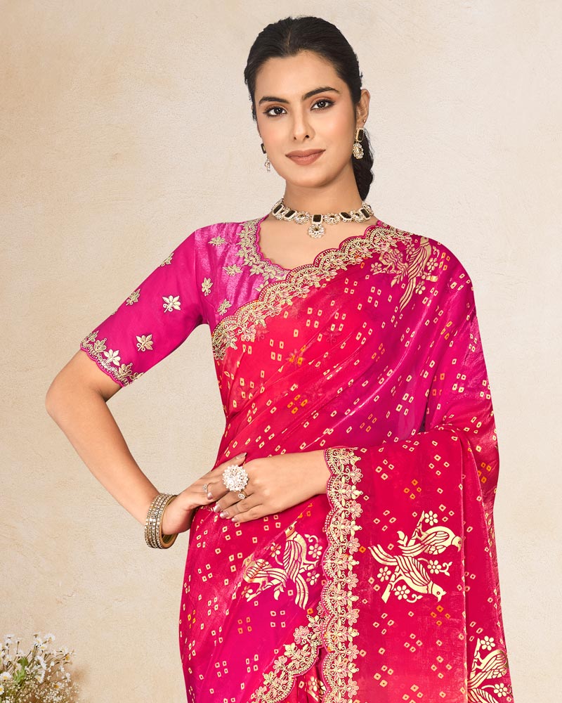 Vishal Prints Hot Pink Printed Chiffon-Satin Bandhani Print Saree With Foil Print And Embroidery Cut Work Border