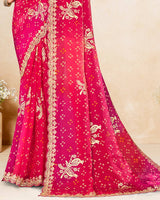 Vishal Prints Hot Pink Printed Chiffon-Satin Bandhani Print Saree With Foil Print And Embroidery Cut Work Border