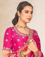 Vishal Prints Hot Pink Printed Chiffon-Satin Bandhani Print Saree With Foil Print And Embroidery Cut Work Border