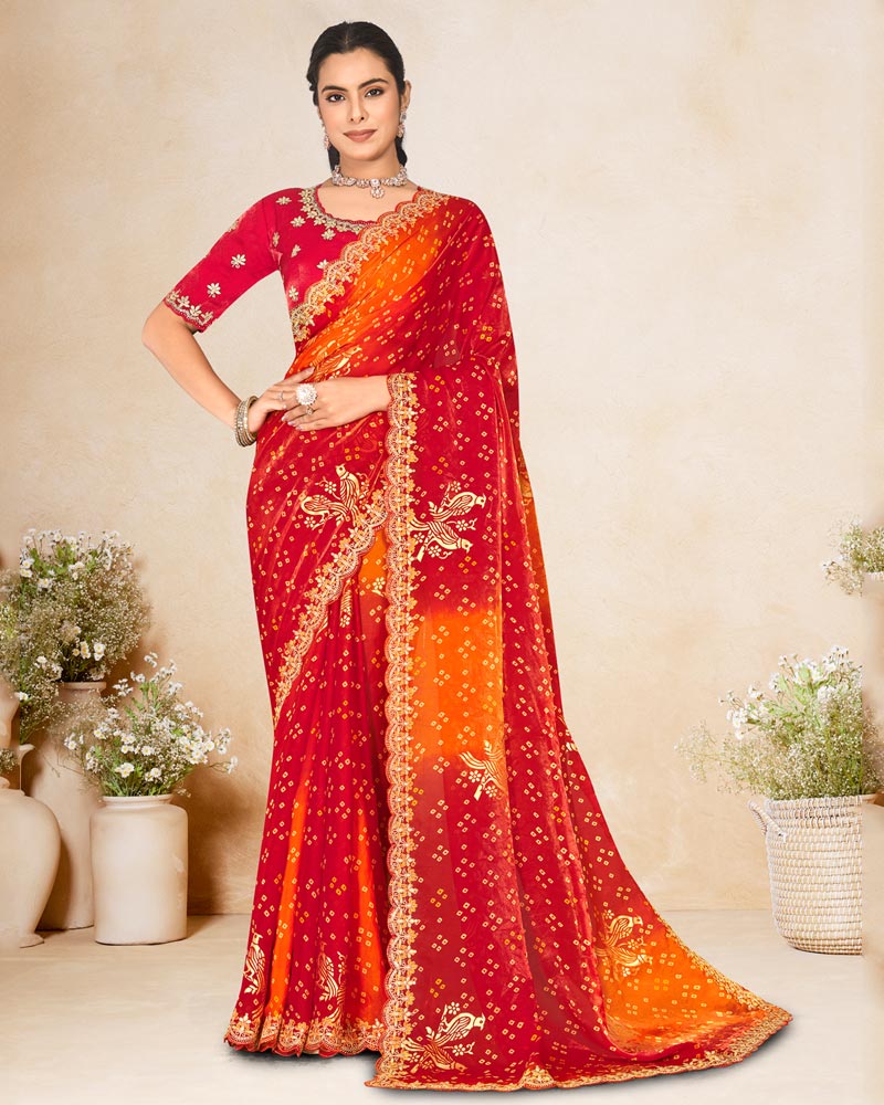 Vishal Prints Cherry Red Printed Chiffon-Satin Bandhani Print Saree With Foil Print And Embroidery Cut Work Border