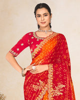 Vishal Prints Cherry Red Printed Chiffon-Satin Bandhani Print Saree With Foil Print And Embroidery Cut Work Border