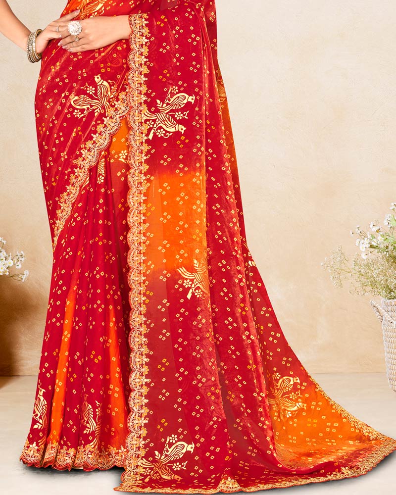 Vishal Prints Cherry Red Printed Chiffon-Satin Bandhani Print Saree With Foil Print And Embroidery Cut Work Border