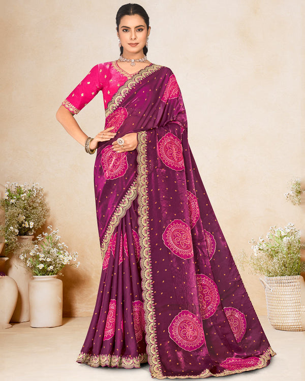 Vishal Prints Wine Printed Chiffon-Satin Bandhani Print Saree With Foil Print And Embroidery Cut Work Border