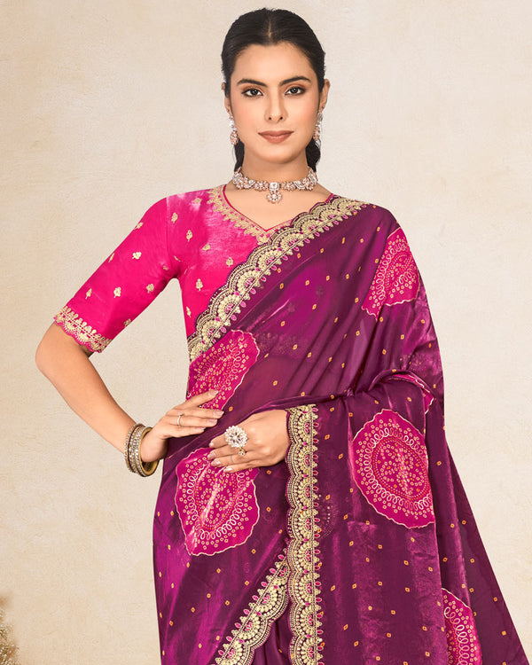 Vishal Prints Wine Printed Chiffon-Satin Bandhani Print Saree With Foil Print And Embroidery Cut Work Border