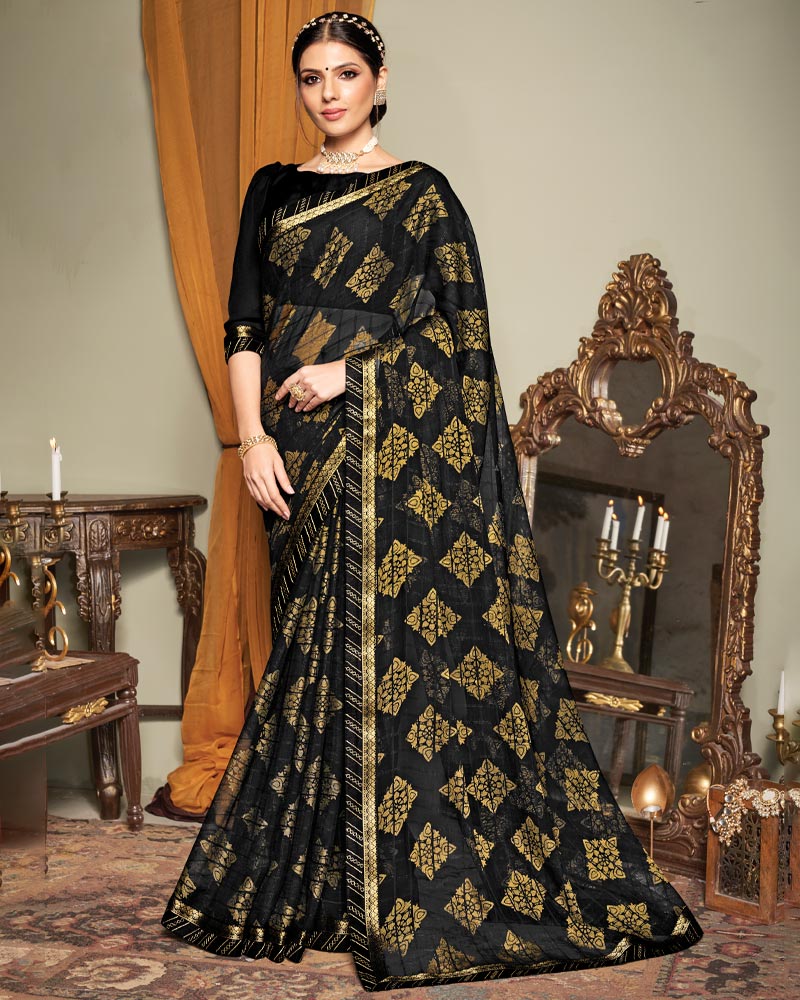 Vishal Prints Black Patterned Brasso Saree With Fancy Zari Border