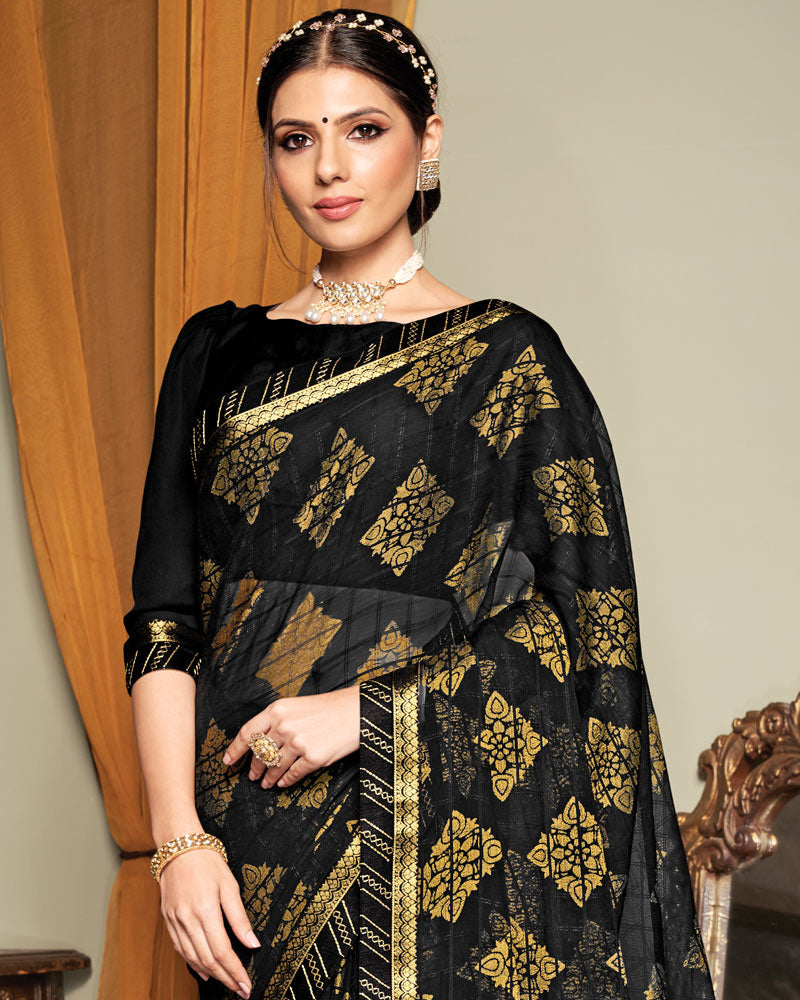 Vishal Prints Black Patterned Brasso Saree With Fancy Zari Border