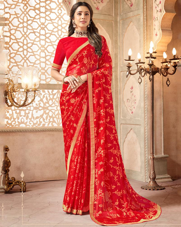 Vishal Prints Cherry Red Patterned Brasso Saree With Zari Border