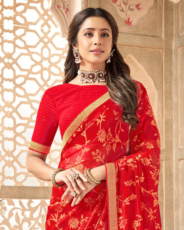 Vishal Prints Cherry Red Patterned Brasso Saree With Zari Border