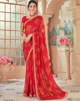 Vishal Prints Cherry Red Designer Patterned Brasso Saree With Zari Border