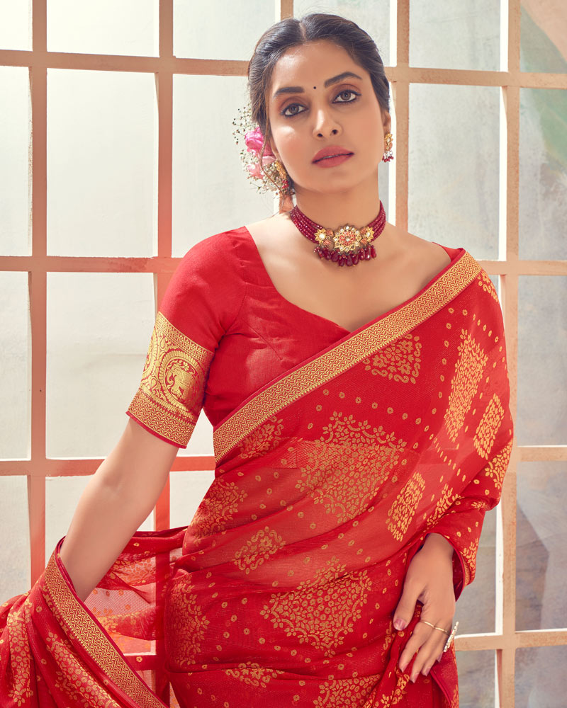 Vishal Prints Cherry Red Designer Patterned Brasso Saree With Zari Border