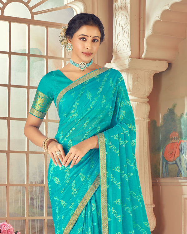 Vishal Prints Dark Turquoise Blue Designer Patterned Brasso Saree With Zari Border