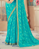 Vishal Prints Dark Turquoise Blue Designer Patterned Brasso Saree With Zari Border