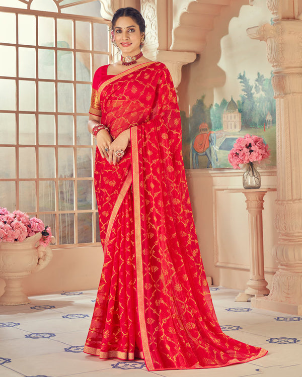 Vishal Prints Cherry Red Designer Patterned Brasso Saree With Zari Border