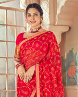 Vishal Prints Cherry Red Designer Patterned Brasso Saree With Zari Border