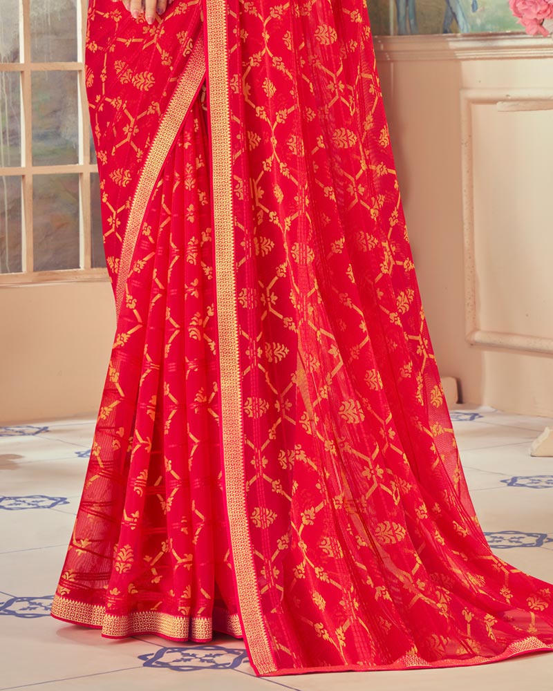 Vishal Prints Cherry Red Designer Patterned Brasso Saree With Zari Border