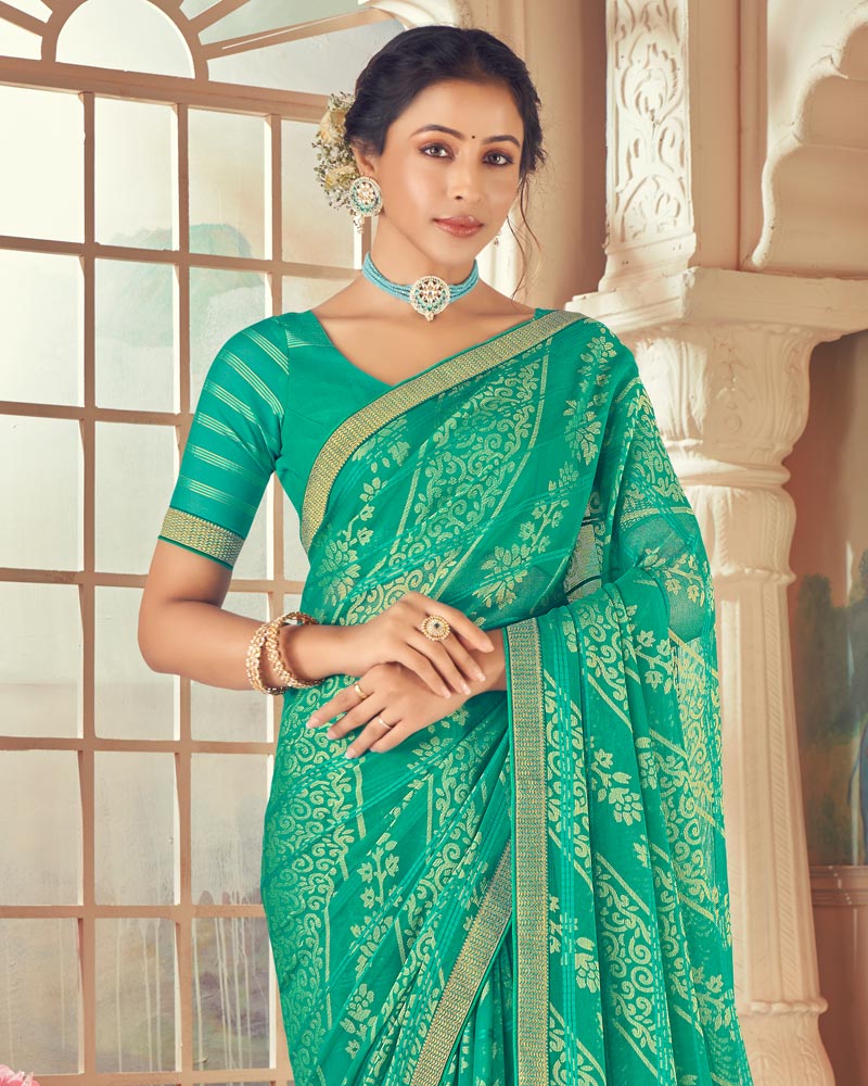 Vishal Prints Aqua Green Designer Patterned Brasso Saree With Zari Border