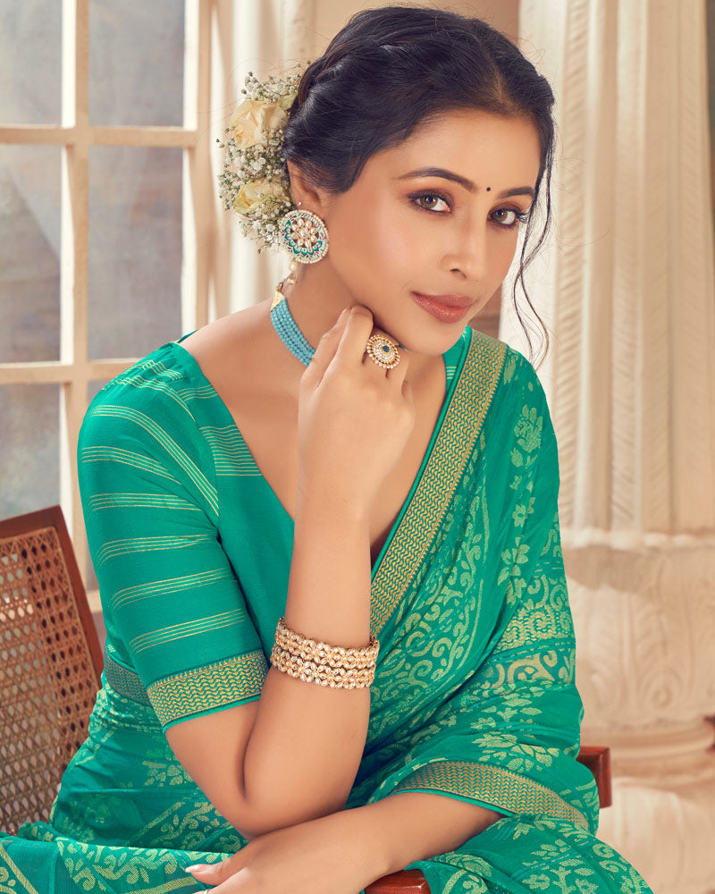 Vishal Prints Aqua Green Designer Patterned Brasso Saree With Zari Border