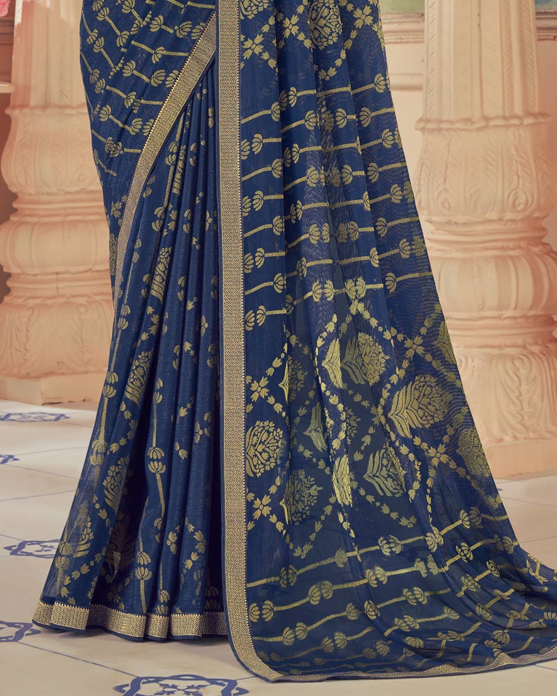 Vishal Prints Navy Blue Designer Patterned Brasso Saree With Zari Border