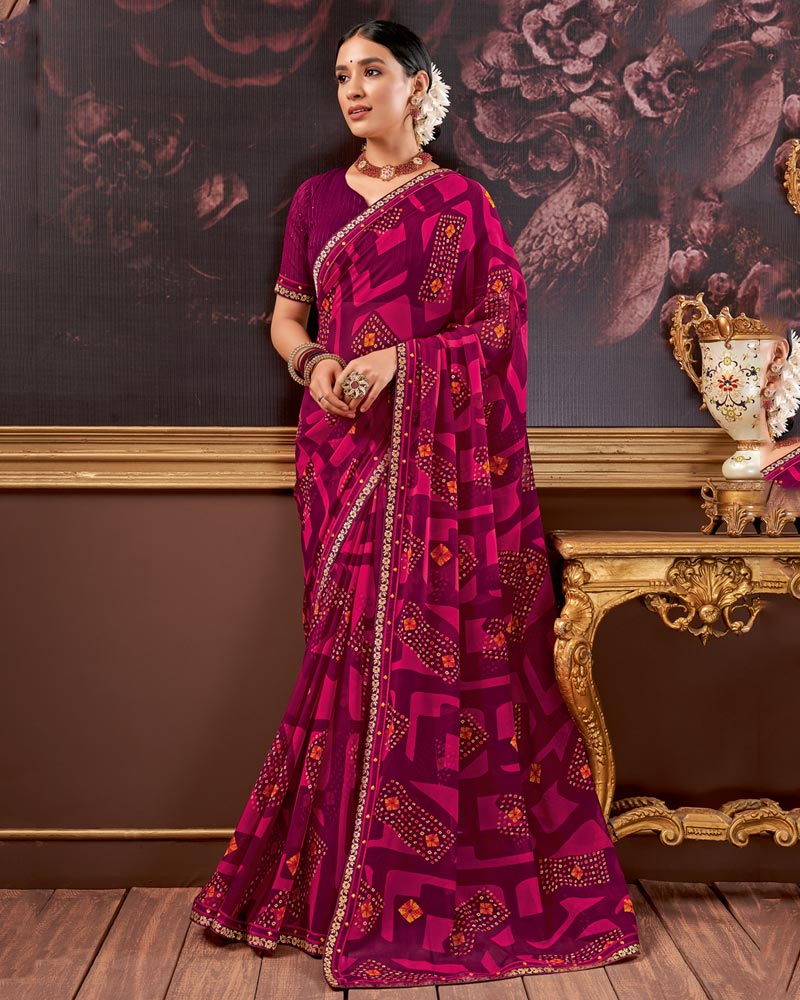 Vishal Prints Wine Printed Georgette Saree With Fancy Border