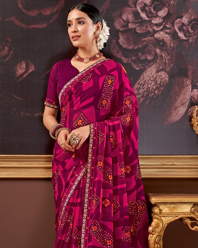 Vishal Prints Wine Printed Georgette Saree With Fancy Border