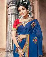 Vishal Prints Blue Chiffon Saree With Embroidery Work And Zari Border