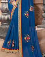 Vishal Prints Blue Chiffon Saree With Embroidery Work And Zari Border