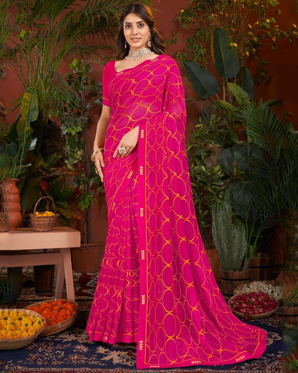 Vishal Prints Red Pink Printed Patterned Georgette Saree With Fancy Border