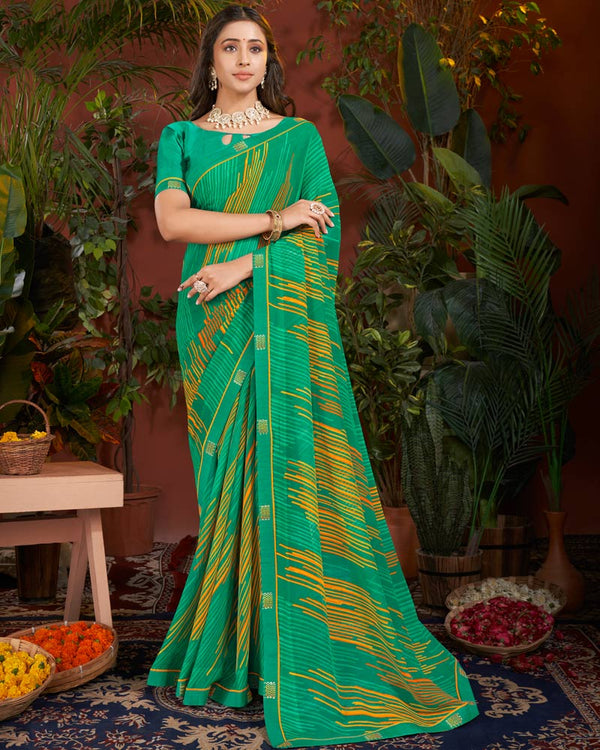 Vishal Prints Dark Mint Green Printed Patterned Georgette Saree With Fancy Border