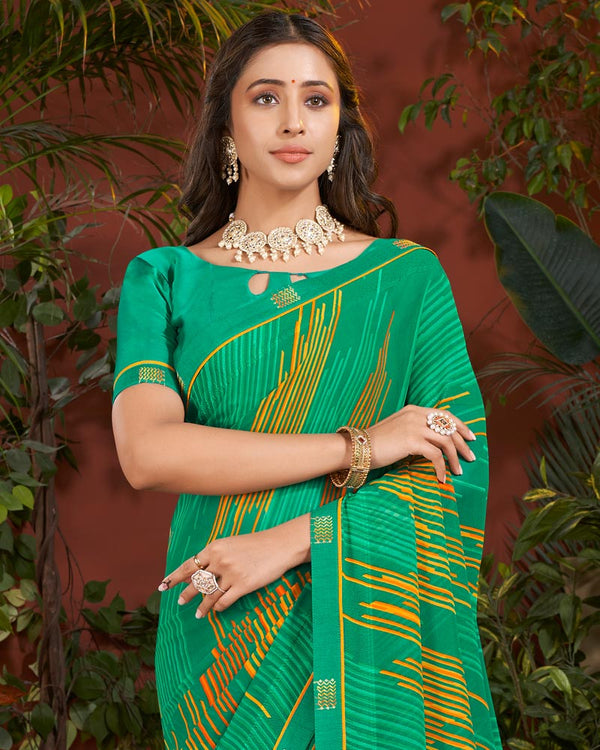 Vishal Prints Dark Mint Green Printed Patterned Georgette Saree With Fancy Border