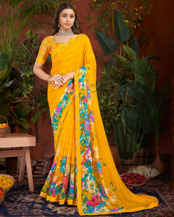 Vishal Prints Tangerine Orange Printed Patterned Georgette Saree With Fancy Border