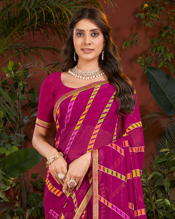 Vishal Prints Cardinal Pink Printed Patterned Georgette Saree With Fancy Border