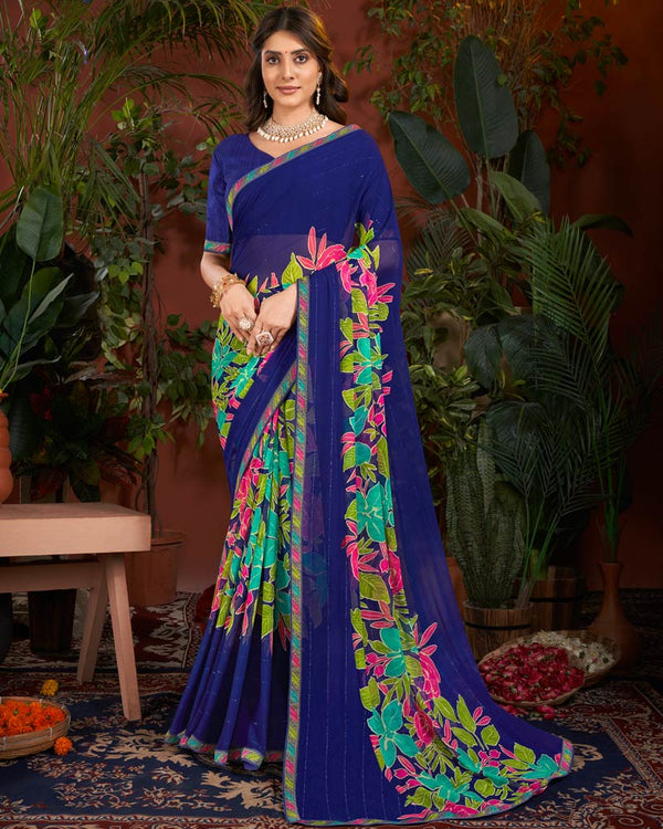 Vishal Prints Dark Blue Printed Patterned Georgette Saree With Fancy Border