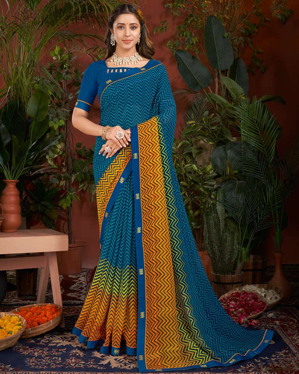 Vishal Prints Navy Blue Printed Patterned Georgette Saree With Fancy Border