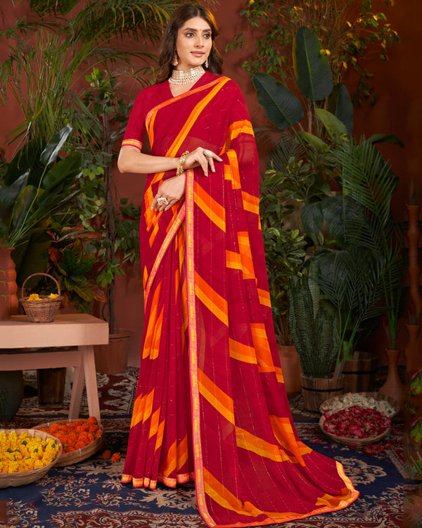 Vishal Prints Dark Red Printed Patterned Georgette Saree With Fancy Border