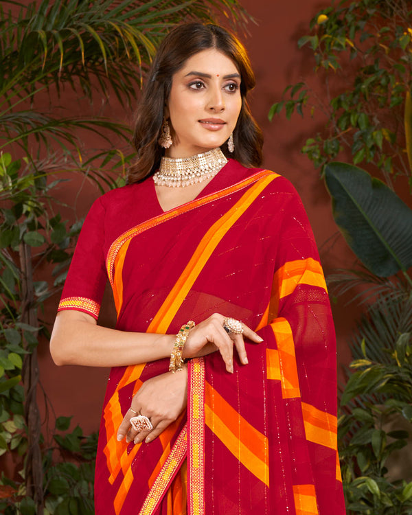 Vishal Prints Dark Red Printed Patterned Georgette Saree With Fancy Border