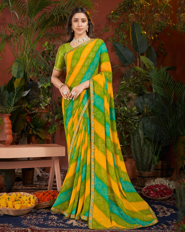 Vishal Prints Olive Green Printed Patterned Georgette Saree With Fancy Border