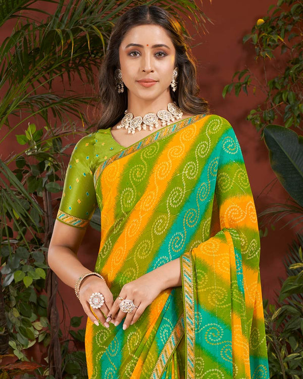 Vishal Prints Olive Green Printed Patterned Georgette Saree With Fancy Border