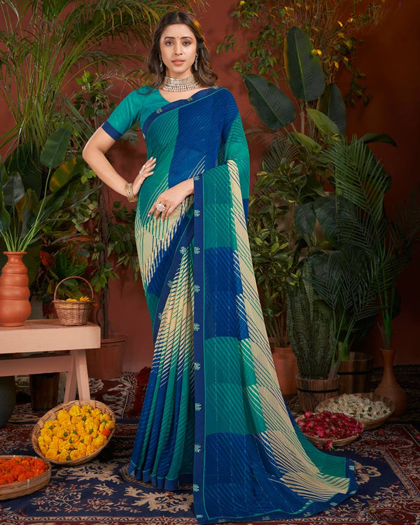 Vishal Prints Teal Blue Printed Patterned Georgette Saree With Fancy Border