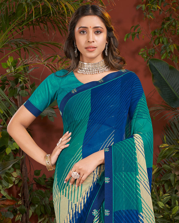 Vishal Prints Teal Blue Printed Patterned Georgette Saree With Fancy Border