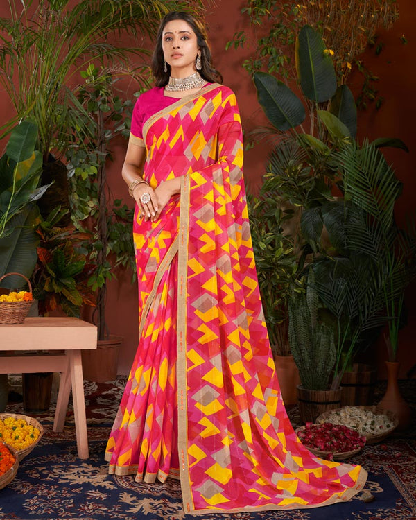 Vishal Prints Red Pink Printed Patterned Georgette Saree With Fancy Border