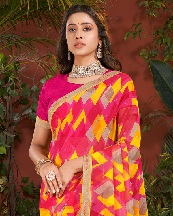 Vishal Prints Red Pink Printed Patterned Georgette Saree With Fancy Border