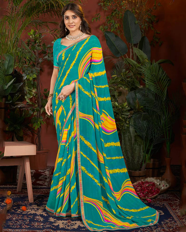 Vishal Prints Teal Green Printed Patterned Georgette Saree With Fancy Border